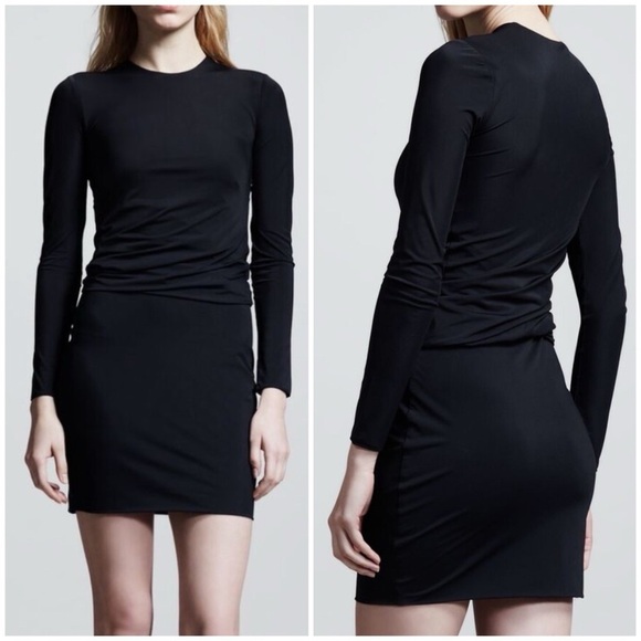 T Alexander Wang Black Stretch Jersey Long Sleeve Ruched Twist Mini Dress - Picture 1 of 7